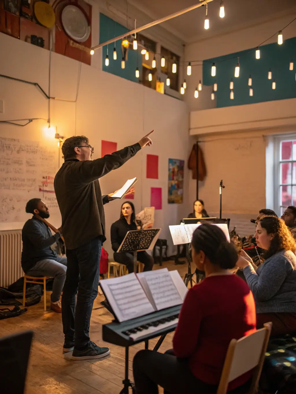 A dynamic image of a local musician leading a music workshop for young people in a park, emphasizing the organization's commitment to supporting emerging talents.