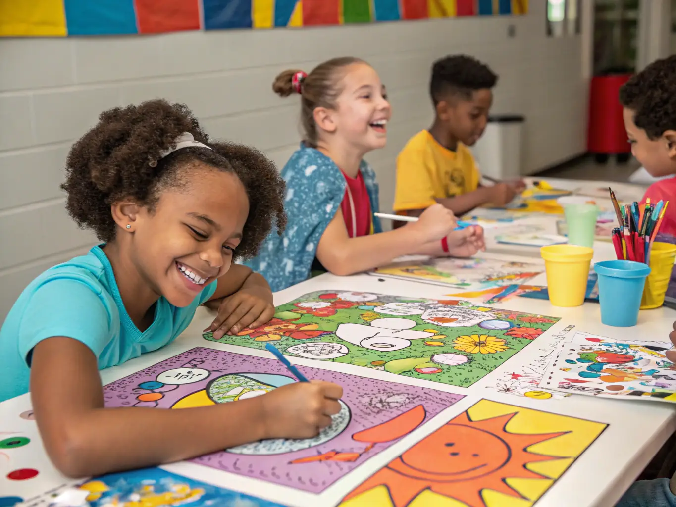 A vibrant image depicting participants of all ages engaged in a community art workshop, painting and creating together in a colorful and inspiring setting.