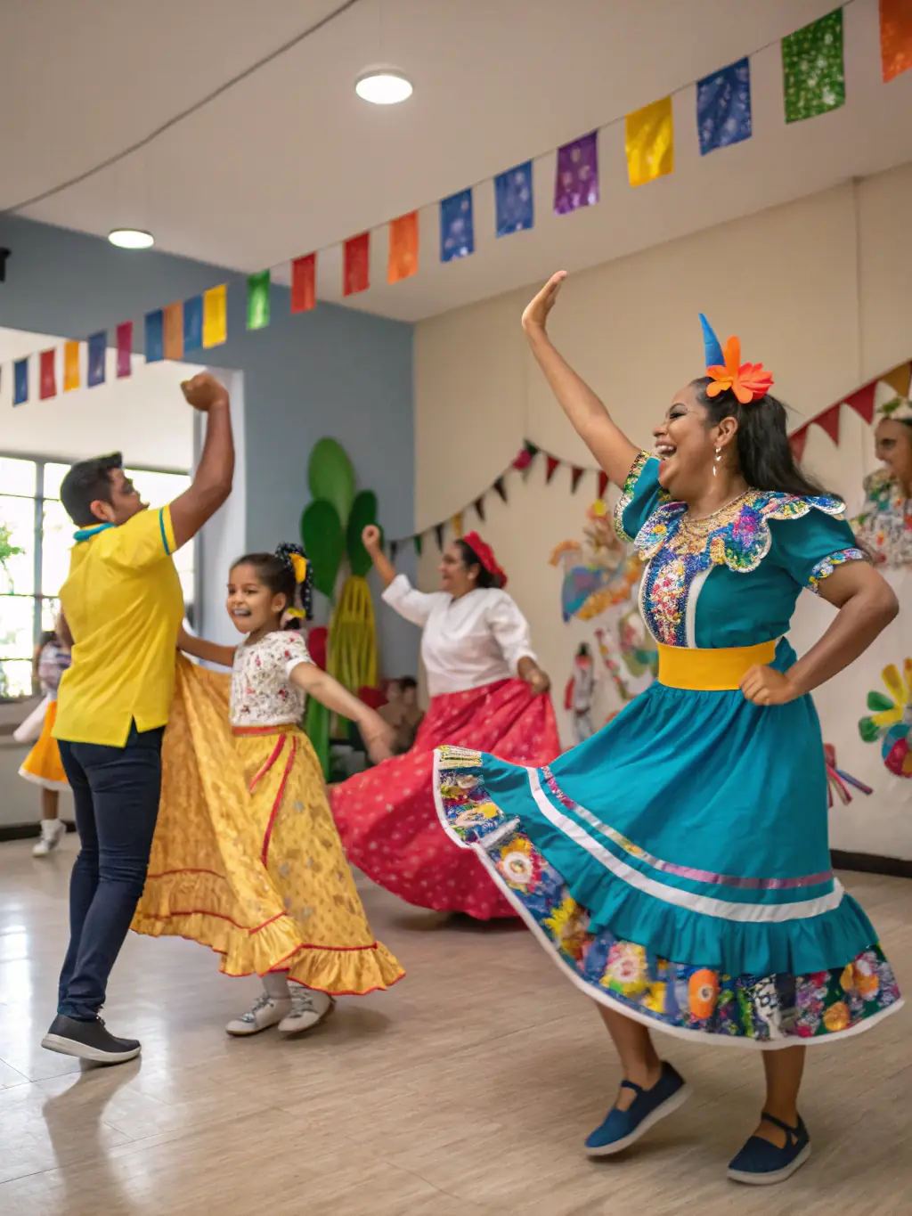 A photograph of participants of different ages and backgrounds engaged in a dance class, highlighting the organization's focus on promoting physical activity and cultural exchange.