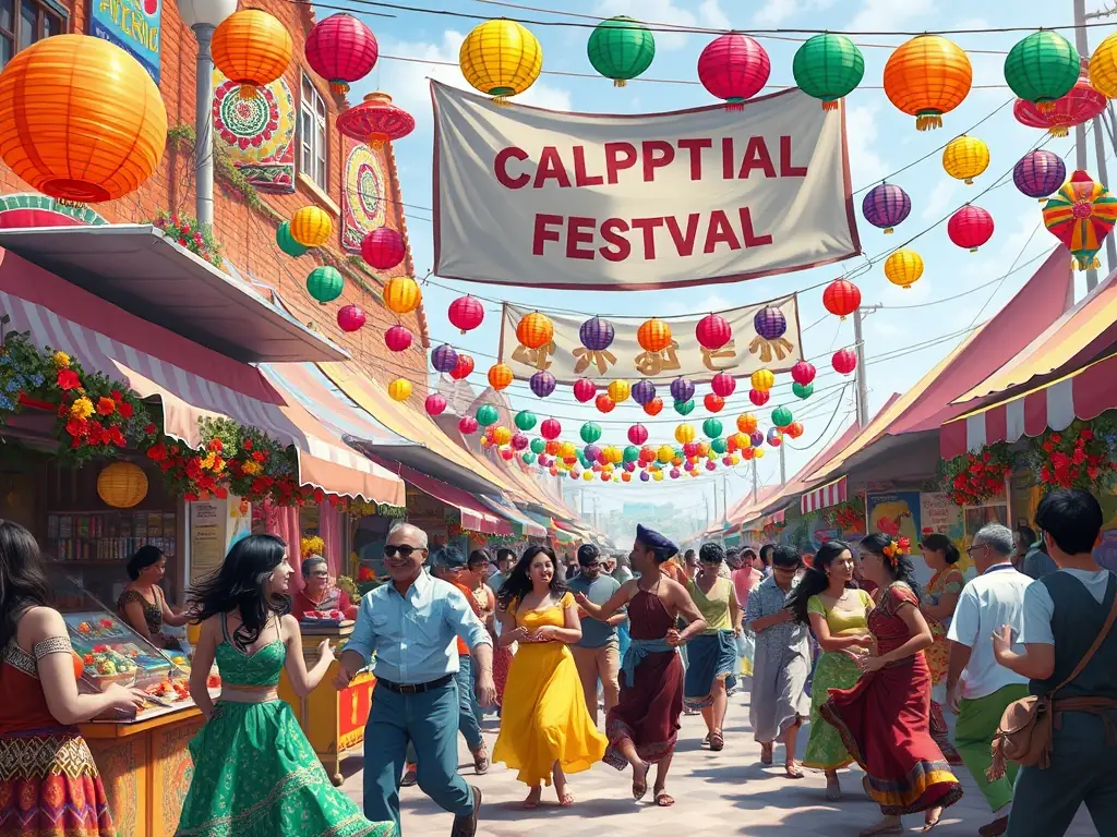 A captivating image of a cultural festival, featuring traditional music, dance, and food, with people of diverse backgrounds celebrating together.
