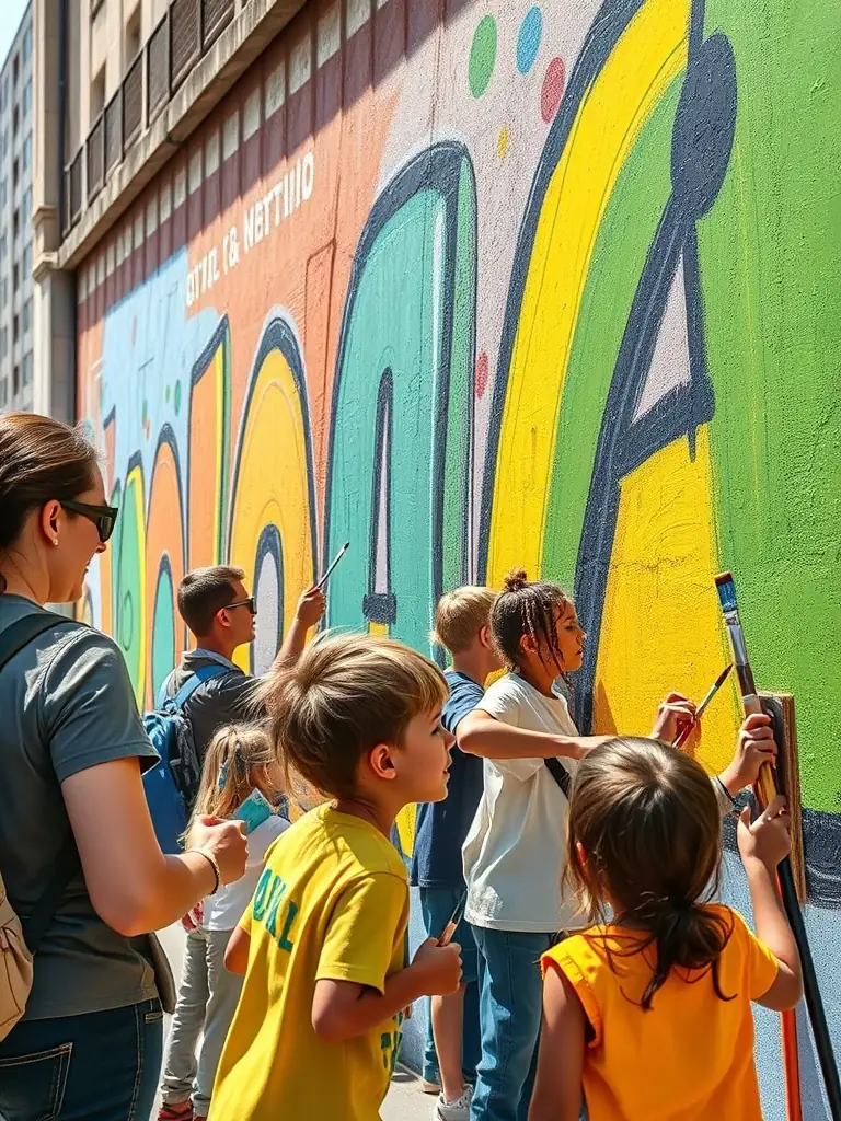 Teenagers working together on a mural project in a public space, adding vibrant colors and designs to a wall, symbolizing ET TANT D'ARTS' support for youth initiatives.