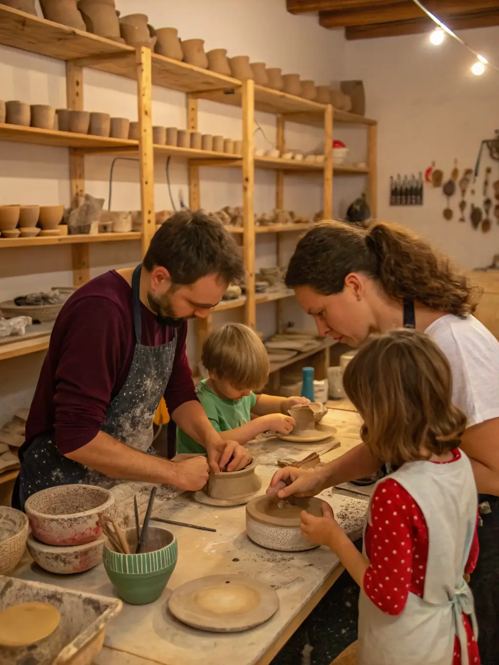 A group of children participating in a pottery workshop, their hands covered in clay, smiling and focused, with finished ceramic pieces displayed in the background, showcasing ET TANT D'ARTS' commitment to arts education.