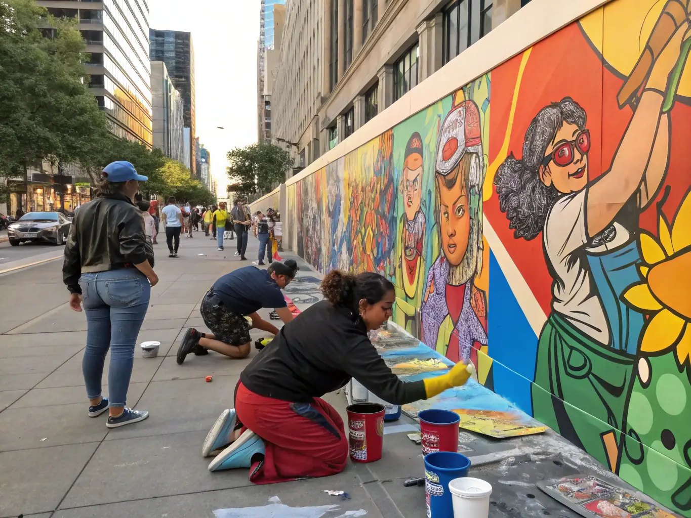A vibrant image depicting participants of all ages engaged in a collaborative mural painting activity, showcasing the community spirit and artistic expression fostered by ET TANT D'ARTS' workshops.
