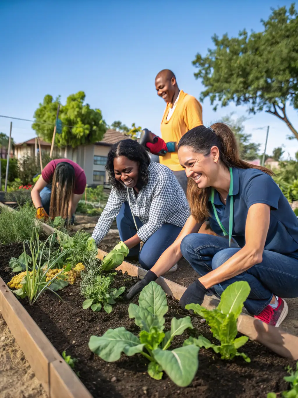 A photograph of a community garden project, showcasing volunteers planting vegetables and flowers, emphasizing the organization's commitment to environmental sustainability and community engagement.
