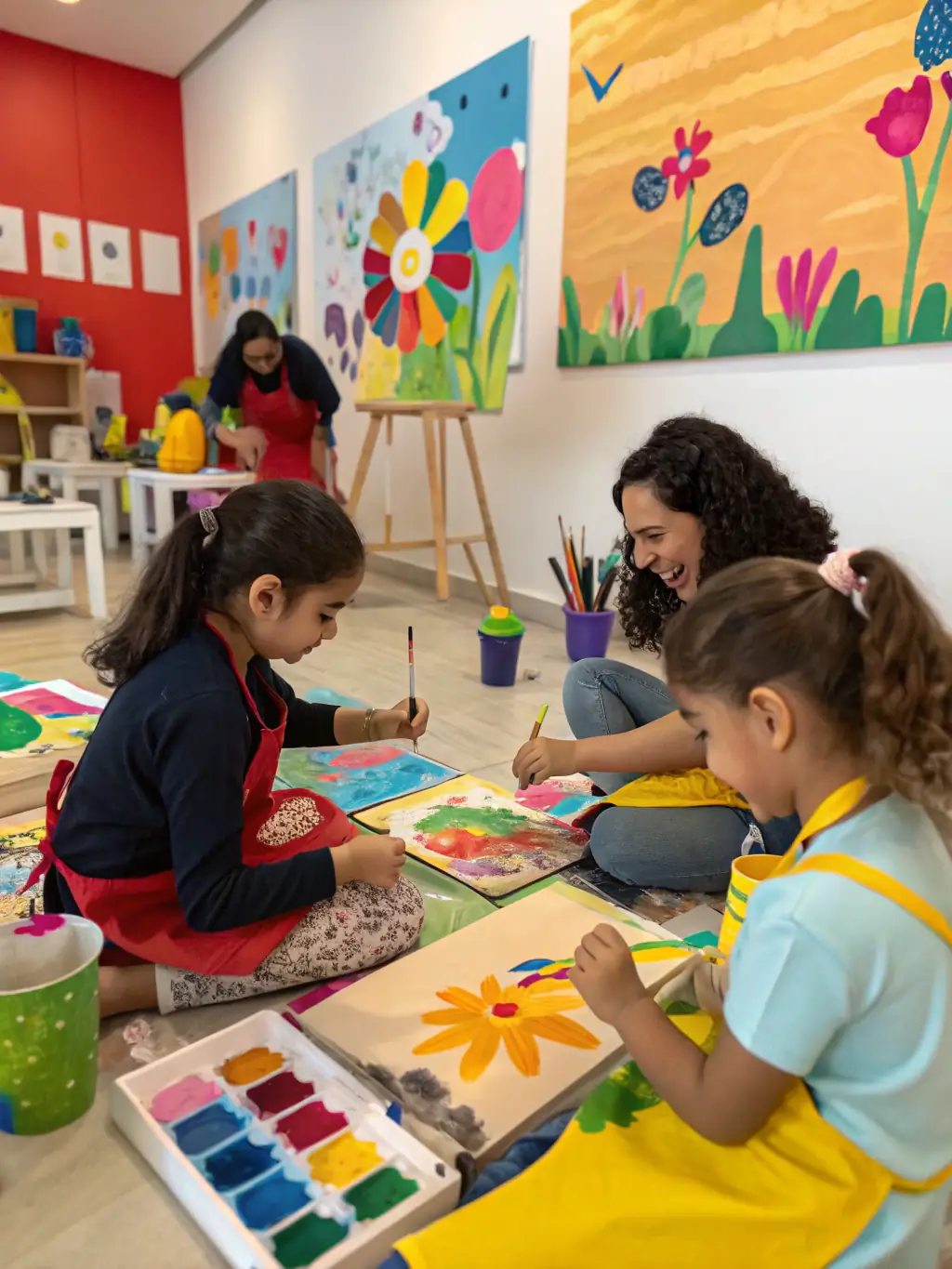 A dynamic image of children participating in an interactive art workshop, showcasing ET TANT D'ARTS' commitment to youth education.