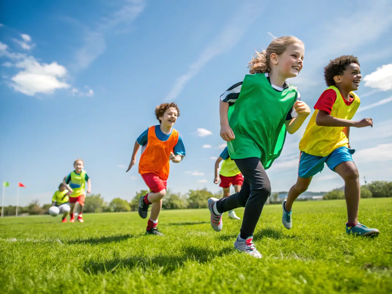 An energetic image showing children participating in a sports clinic organized by ET TANT D'ARTS, emphasizing the organization's focus on promoting physical activity, teamwork, and healthy lifestyles among youth.