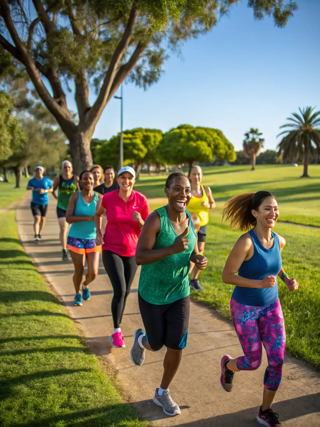 Participants of all ages running in a charity sports event organized by ET TANT D'ARTS, wearing colorful t-shirts and displaying enthusiasm, highlighting the organization's focus on sports and community engagement.