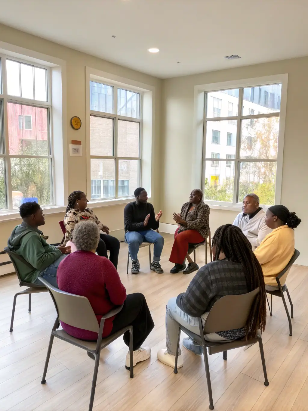 A diverse group of adults engaged in a lively discussion during a cultural exchange event, with traditional music instruments visible in the background, representing ET TANT D'ARTS' promotion of cultural understanding.