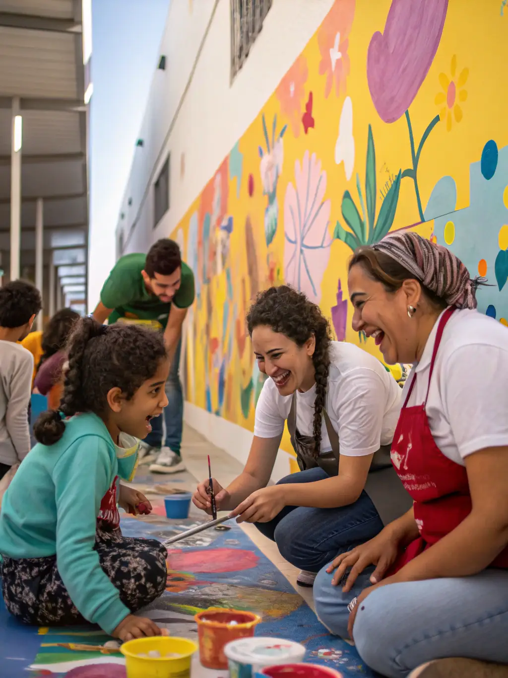 A photograph capturing children and adults collaboratively painting a large mural in a community center, showcasing the inclusive nature of ET TANT D'ARTS' art programs.
